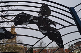 Tower of St Thomas in the Peace Garden, Birmingham and bird fence