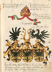 Герб для імператора Священної Римської імперії Фрідріха III, розроблений Конрадом Грюненбергом в 1483 році[1]. Одноголовий орел символізує Німеччину, двоголовий — Священну Римську імперію, а триголовий — Рим[2].