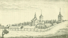Kresba kláštera, uprostřed kamenný klášterní komplex, vpravo vysoká dřevěná věž, vpředu a po levé straně areálu přízemní dřevěné hospodářské budovy, areál obehnán palisádou