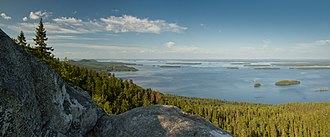 There are some 187,888 lakes in Finland larger than 500 square metres and 75,818 islands of over 0,5 km2 area, leading to the denomination "the land of a thousand lakes". Picture of Lake Pielinen in North Karelia. View to Pielinen from Paha-Koli in Lieksa, Finland, 2019 July.jpg