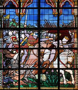 Un des vitraux de la Bataille de Bouvines (1214) (vers 1889), de Champigneulle d'après un carton de Fritel, église Saint-Pierre de Bouvines.