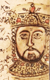 Rough coloured drawing of the head of a bearded man, somewhat aged, dressed in Byzantine imperial regalia.