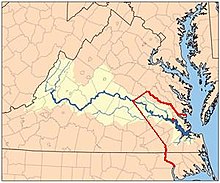 Red line showing the boundary between the Virginia Colony and Tributary Indian tribes established by the Treaty of 1646. The Red dot indicates Jamestown, the capital of the Virginia Colony. 1646linemap.jpg