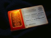 1 troy ounce (31 g) gold bar with certificate 1 oz of Gold.jpg