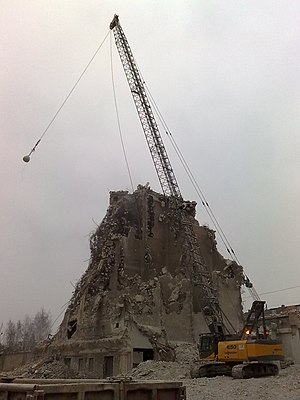 Wrecking ball at work during the demolition of...