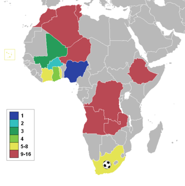 Carte de l'Afrique avec les pays participants à l'édition 20143. Une échelle de couleur représente le nombre de participations.