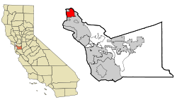 Left: Alameda County (highlighted) within California. Right: the City of Berkeley (highlighted) within Alameda County.