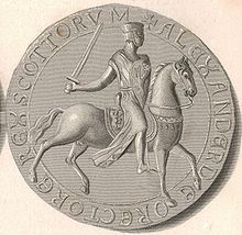 Reverse side of the circular seal used by Alexander the Second, showing the King, in full armour, seated on horseback. The upright Lion symbol is shown upon both the saddle and the shield held by the King.