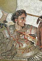 Alexandre Magno e seu cavalo Bucéfalo, na Batalha de Isso. Mosaico encontrado em Pompeia, hoje no Museu Arqueológico Nacional, em Nápoles.