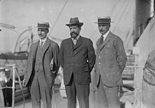 B.B. Blackett and Octave Homberg and Ernest Mallet in 1915 arriving in New York City to appeal for financial aid.jpg