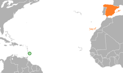 Карта с указанием местоположения Барбадоса и Испании