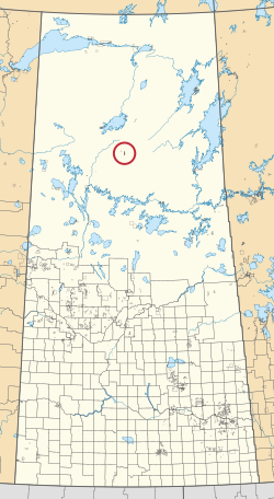 A map of the province of Saskatchewan showing 297 rural municipalities and hundreds of small Indian reserves. One is highlighted with a red circle.