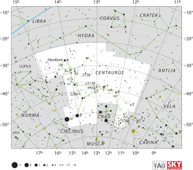 Diagram showing star positions and boundaries of the Centaurus constellation and its surroundings