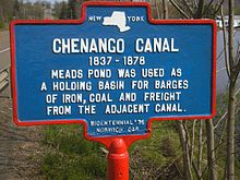 Historic marker of Chenango Canal at Meads Pond, North Norwich, NY