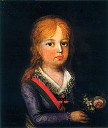 Painting with a half-length portrait of a young child with wavy auburn hair, wearing a blue jacket, open-necked lace-trimmed shirt, and striped sash, and holding a small bouquet of flowers