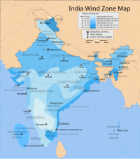 Карта ветровой зоны Индии. Карта Индии покрыта зонами различных оттенков синего, каждая из которых представляет регион с аналогичным уровнем ветрености. Все восточное побережье и северная половина страны окрашены в относительно темно-синий цвет, что означает преобладание относительно ветреных условий от 30 до 50 метров в секунду. Самый темно-синий регион находится на крайнем севере, за Гималаями в Ладакхе, на Тибетском плато; там продолжительные ветра в среднем более 50 метров в секунду. Внутренние центральные, южные и особенно юго-западные части окрашены в голубой цвет: они относительно безветренные, в среднем менее 30 метров в секунду.