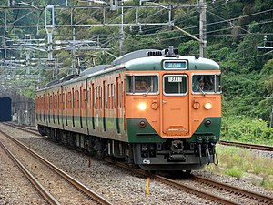 おごと温泉駅に進入する113系による普通列車