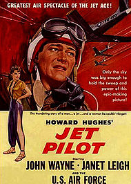 Jet Pilot, a Hughes pet production launched in 1949. Shooting wrapped in May 1951, but it was not released until 1957 due to his interminable tinkering. RKO was by then out of the distribution business. The movie was released by Universal-International. JetPilotPoster.jpg