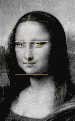 El rostro de la Gioconda  proporcionado con rectángulos áureos.