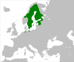 The Swedish Empire at its height in 1658, with overseas possessions not shown