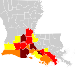 Verspreiding van Louisiaanse Kreools in Suid-Louisiana