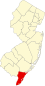 Hartă a statului New Jersey indicând comitatul Cape May