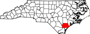 Harta statului North Carolina indicând comitatul Pender