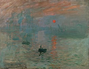 Claude Monet's Impression, soleil levant was ridiculed as "Impression-ist" in 1872, but the term then became the name of the art movement, "impressionism", and painters began to self-identify as "impressionist". Monet - Impression, Sunrise.jpg