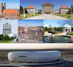 From top left to bottom: The Munich Frauenkirche, the Nymphenburg Palace, the BMW Headquarters, the New Town Hall, the Munich Hofgarten and the Allianz Arena.