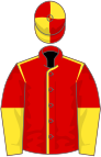 Red, yellow seams, halved sleeves, quartered cap