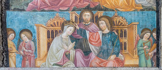 Sur fond bleu, devant un palais d'or, une femme d'un coté est couronnée par un homme qui se tient de l'autre coté ; au centre, un autre homme les entourent.