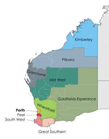 Mapa das regiões da Austrália Ocidental