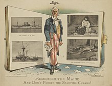 American cartoon published in 1898, Remember the Maine! And Don't Forget the Starving Cubans! Such sensationalist cartoons were used to support American intervention in the Cuban War of Independence. Remember the Maine! And Don't Forget the Starving Cubans! - Victor Gillam (cropped).jpg