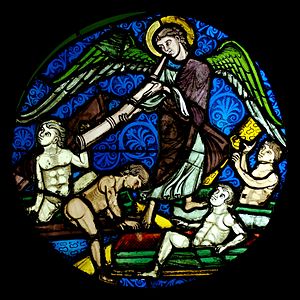 Resurrection of the dead. Stained glass, regio...