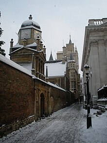 Senate House Passage in the snow with Senate House on the right and Gonville and Caius College on the left Senate House Passage in the snow.JPG