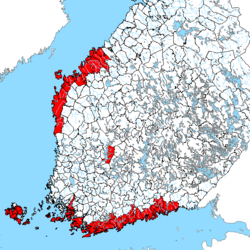 Ruotsinkielisten alueellinen sijoittuminen Suomessa