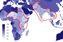 Map with circled African and Asian belts of non-urbanized countries The African and Asian belts of least urbanized countries.png