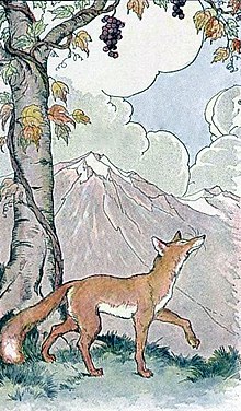 In the fable of "The Fox and the Grapes", by Aesop, on failing to reach the desired bunch of grapes, the fox then decides he does not truly want the fruit because it is sour. The fox's act of rationalization (justification) reduced his anxiety over the cognitive dissonance from the desire he cannot realise. The Fox and the Grapes.jpg