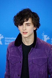 Timothée Chalamet standing in front of a blue background at the 67th Berlin International Film Festival in 2017
