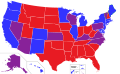 Guvernéři vs. většina ve státních parlamentech:      Obojí kontrolované Republikány      Obojí kontrolované Demokraty      Rozdílné strany