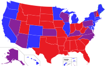 U.S. state governments (governor and legislature) by party control:
Democratic control
Republican control
Split control US state Legislature and Governor Control.svg