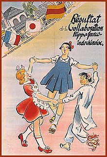 Japanese propaganda poster exalting Vichy French and Vietnamese collaboration in Indochina, c. 1942 Une affiche de propagande gaulliste denoncant la politique de Decoux en Indochine.jpg