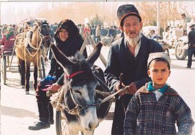 Uyghur elders at sunday market, Kashgar.