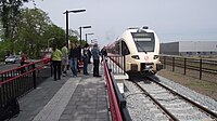 Arriva trein op het nieuwe eindpunt in Veendam.