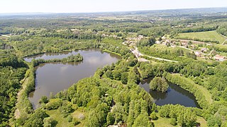 Vue aérienne de deux plans d'eau dont un grand, entouré d’arbres.