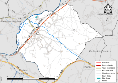 Carte en couleur présentant le réseau hydrographique de la commune