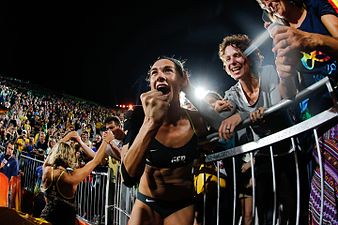 Kira Walkenhorst celebrates after the final beach volleyball game