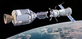 Image 19An artist impression of an American Apollo spacecraft and Soviet Soyuz spacecraft docking, a propaganda portrait for the Apollo–Soyuz Test Project mission (from 1970s)