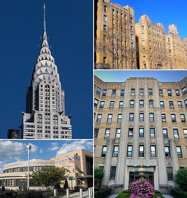 Examples of Art Deco architecture from across the city. The buildings feature showy metal finishes, polychromatic terra cotta designs, and zigzagging brickwork.