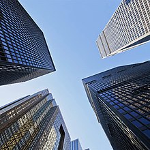 Office towers for BMO, Scotiabank, CIBC and TD Bank from the intersection of Bay and King Street. August 2012 Bay and King Bank Towers Toronto Looking Up (7695092848) (cropped).jpg